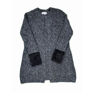 Elle Black Gray Open Front Knee Length Cardigan Sz S Soft Fluffy Sweater Comfy